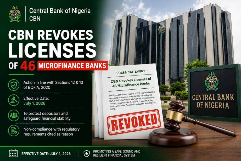 CBN Revokes Licenses of 46 Microfinance Banks Over Regulatory Violations
