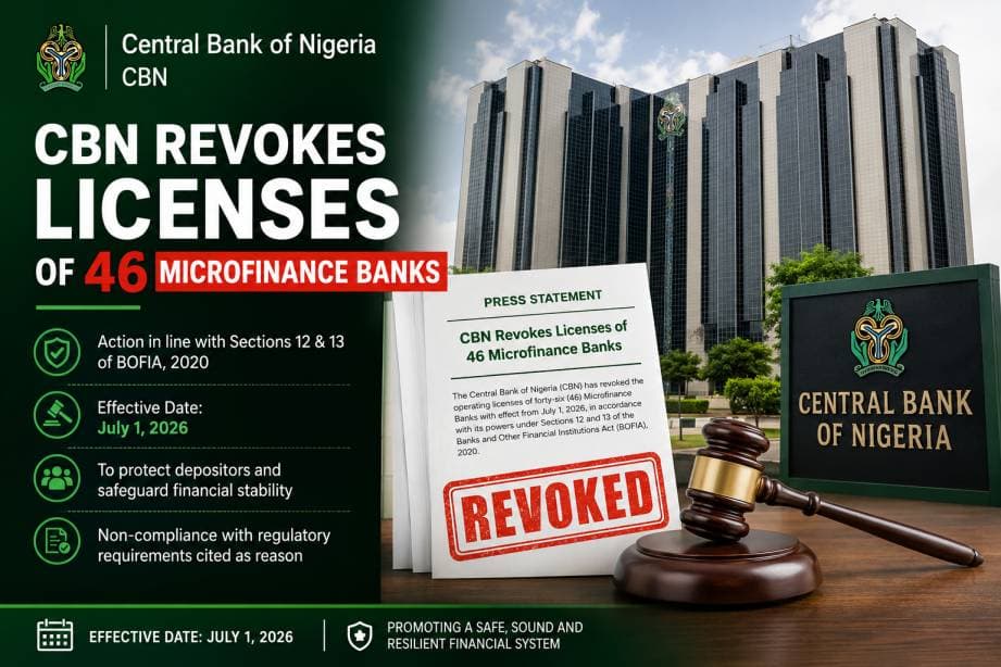 CBN Revokes Licenses of 46 Microfinance Banks Over Regulatory Violations